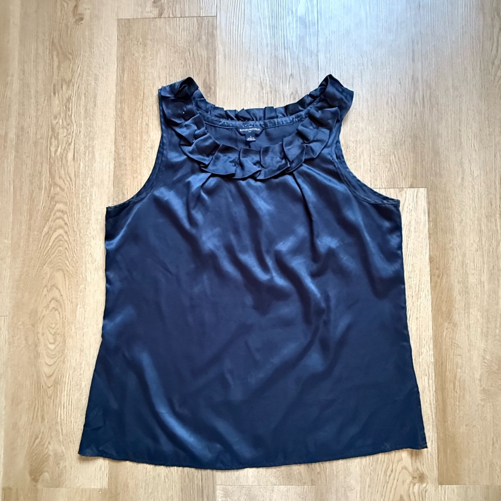 Banana Republic Navy Blue Sleeveless Ruffle Satin Blouse Women's Size Large